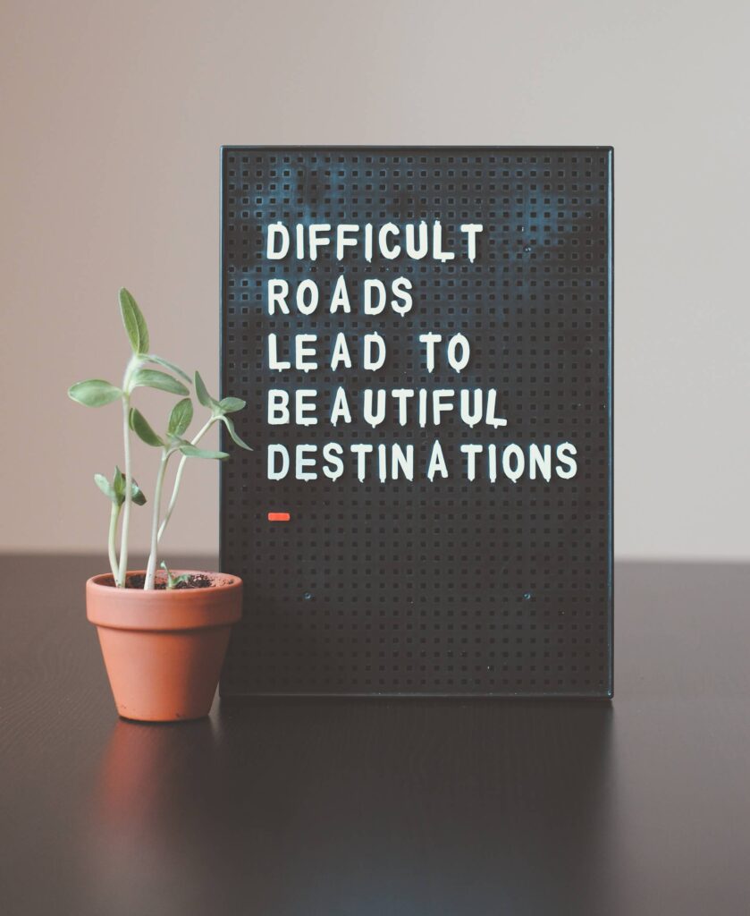 A small plant in a vase sits next to a tack board. The board has an inspirational quote, "Difficult roads lead to beautiful destinations".