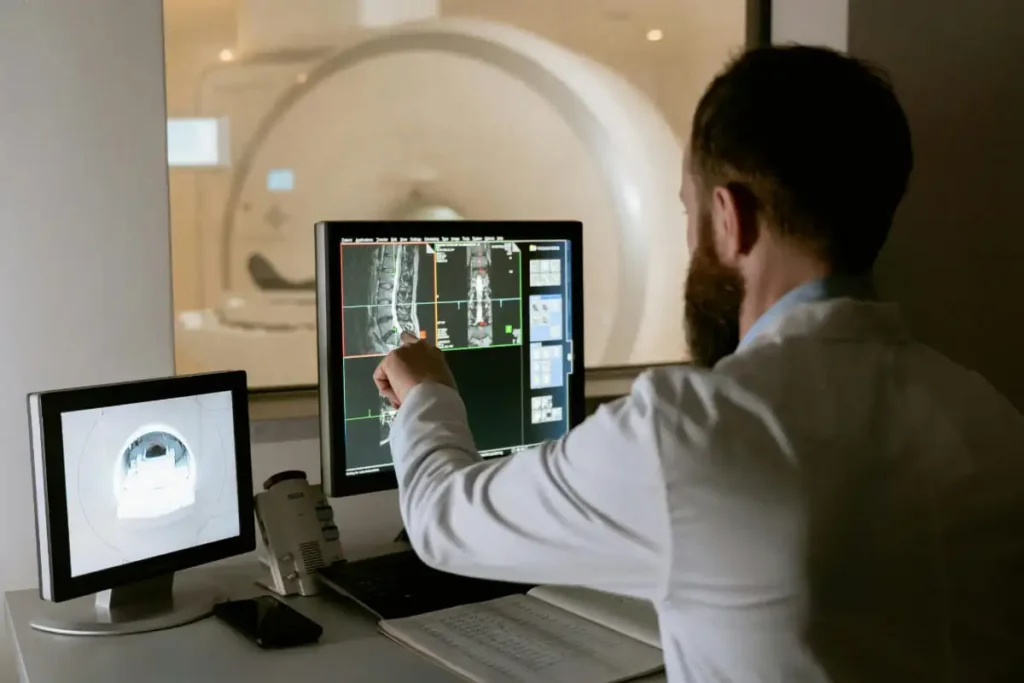 A man looks at MRI images on a computer screen.
